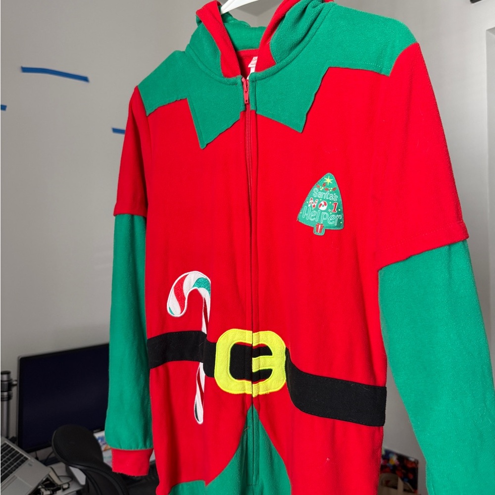 Cat & Jack Red and Green Elf Hooded Onesie